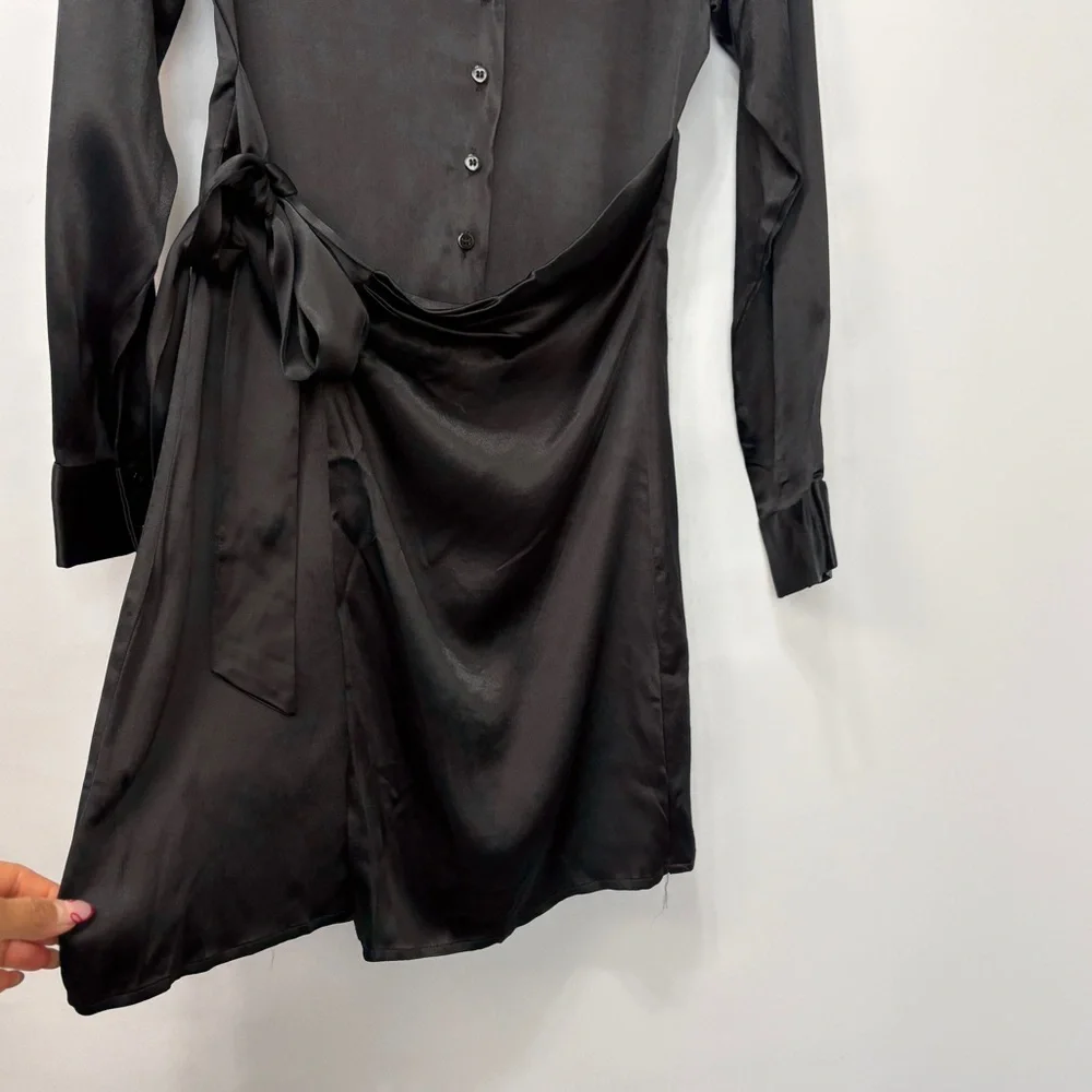 Zara Black Satin Long Sleeve Wrap Collared Short‎ Dress Size XS